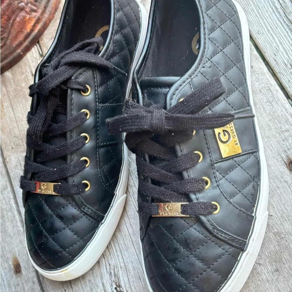 G By Guess Leather Quilted Black Sneakers Gold Embellished